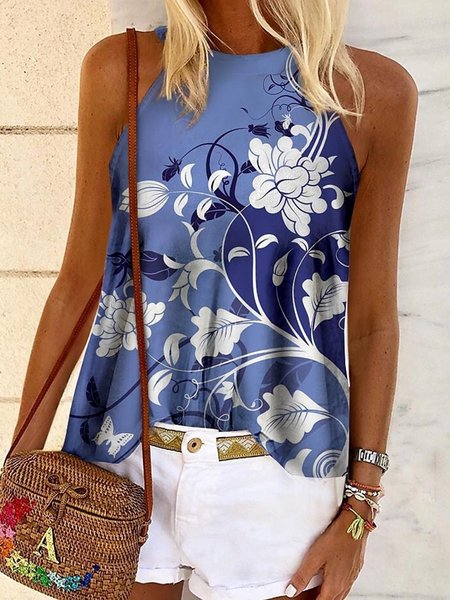 

Boho Halter Floral Sleeveless Loosen Tank, Blue, Tank Top