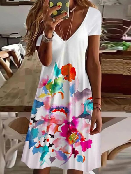 

Loosen Floral Casual Short Sleeve Knit Dress, White, Mini Dresses