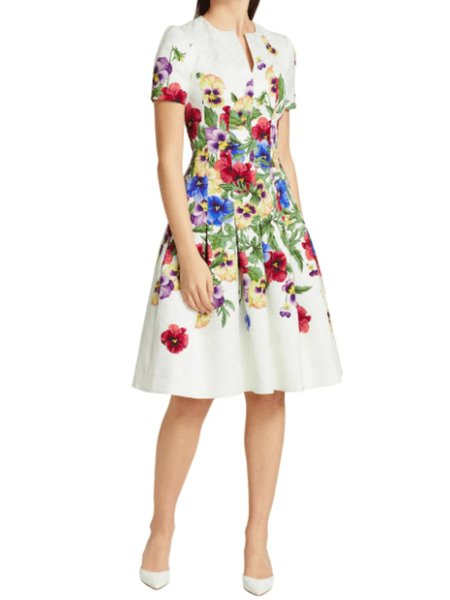 

Summer Crew Neck Floral Elegant Short Sleeve Woven Fit and FlareX Dress, White, Midi Dresses