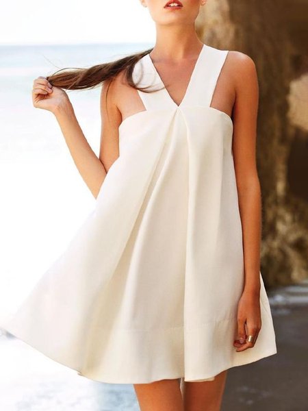 

Casual Plain Sleeveless Woven Mini Dress, White, Mini Dresses
