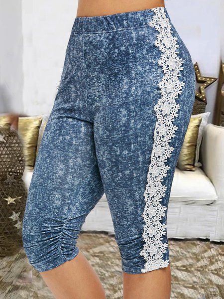 

Casual Regular Fit Ruched Lace Leggings, Blue, Pants