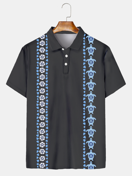 

Resort Style Hawaii Series Marine Life Turtle Element Moisture Wicking Lapel Short-Sleeved Polo Print Top, Black, Men's t-shirts