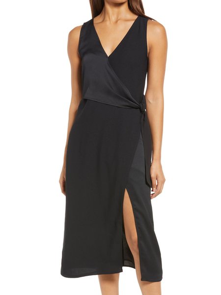 

Midi Regular Fit Slit Simple Short Sleeve Woven Dress, Black, Midi Dresses