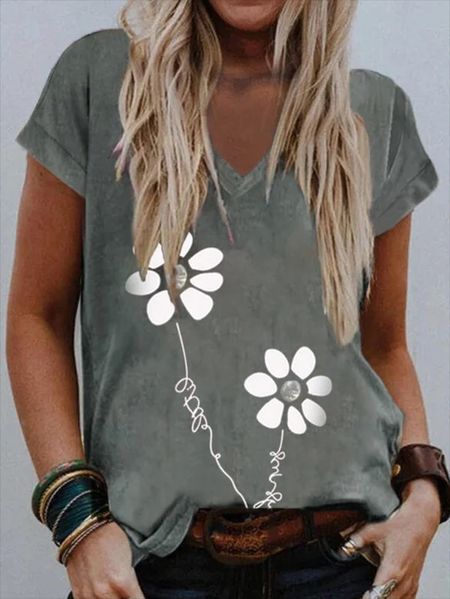 

Casual Floral V Neck Short Sleeve T-Shirt, Gray, T-Shirts