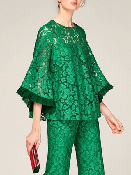 

Elegant Crew Neck Loosen Three Quarter Top, Green, Tops