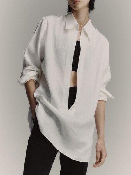 

Loosen Shirt Collar Long Sleeve Top, White, Tops