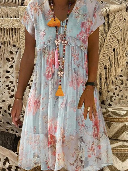 

V Neck Floral Short Sleeve Woven Dress, Multicolor, Dresses