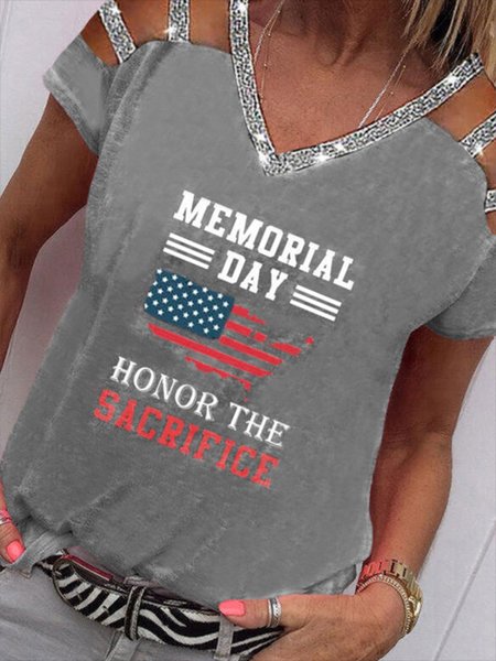 

Letter V neck Casual Short Sleeve T-Shirt, Gray, T-Shirts