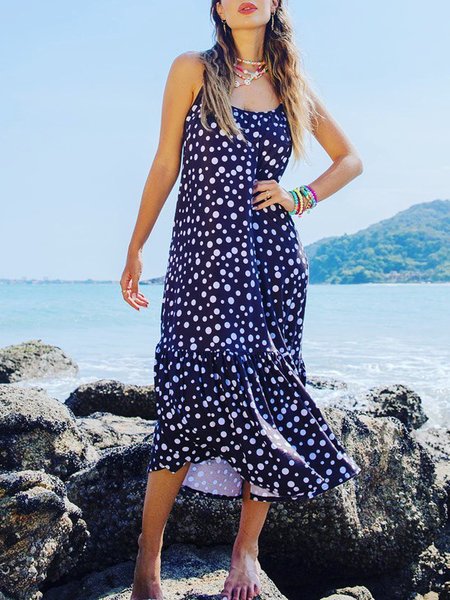 

Polka Dots A-line Casual Sleeveless Woven Dresses, Blue, Midi Dresses