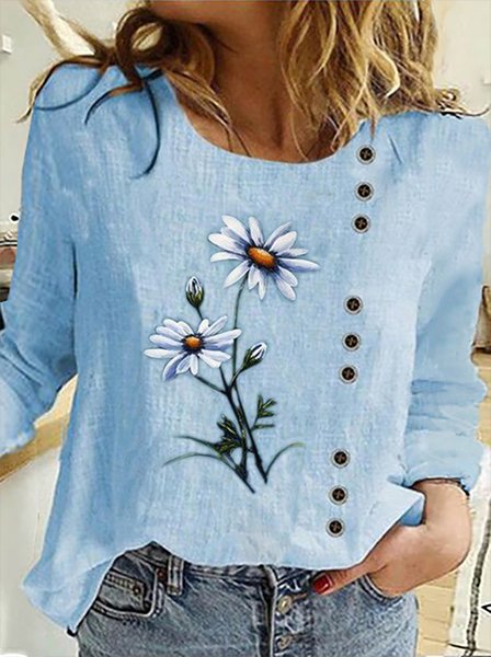 

Plus Size Daisy Crew Neck Long Sleeve Tops, Blue, Tops
