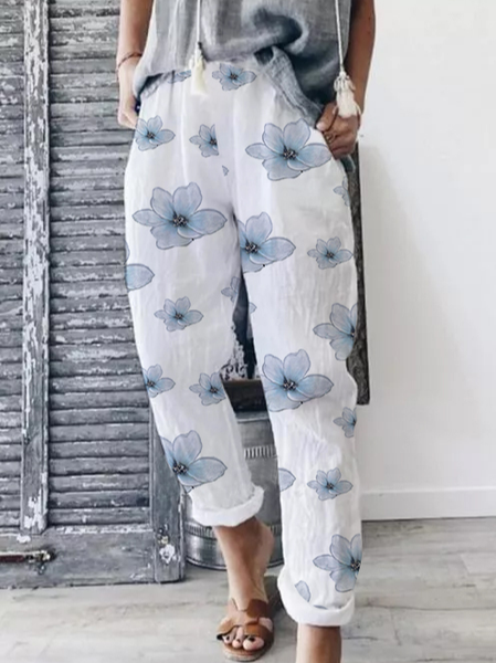

Linen Floral Casual Pants, White, Pants