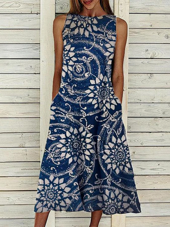 

Cotton Blends Casual Sleeveless Woven Dresses, Blue, Dresses