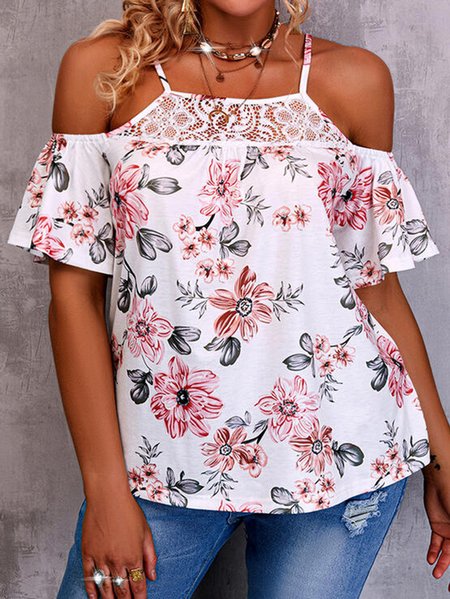 

Casual Floral Printed Guipure Short Sleeve Tops, White, Shirts & Blouses
