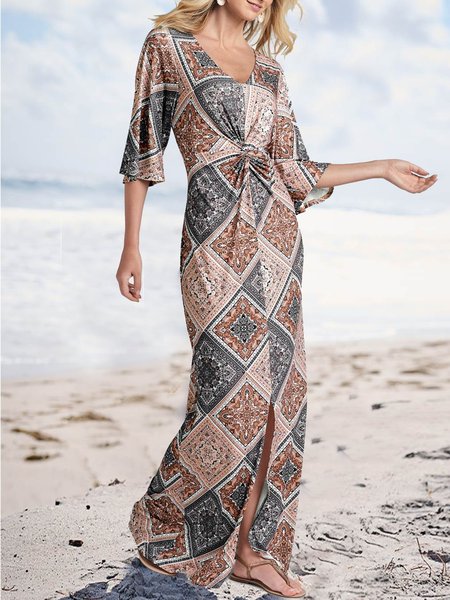 

Tribal Vacation Short Sleeve Knit Dress, Multicolor, Maxi Dresses