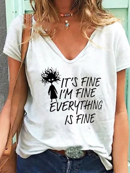 

V Neck Loosen Casual Short Sleeve T-Shirt, White, T-Shirts