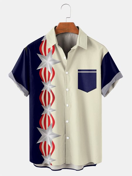 

Independence Day Men's Casual Short Sleeve Chest Pocket Shirt, Beige, Men's Floral shirt