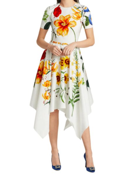 

Summer Crew Neck Regular Fit Floral Short Sleeve Woven Fit and FlareX Dress, White, Midi Dresses