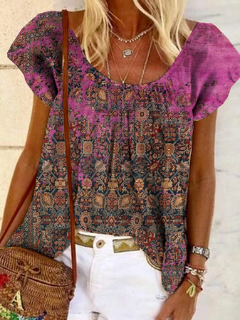 

Crew Neck Loosen Short Sleeve Tops, Purple, T-Shirts
