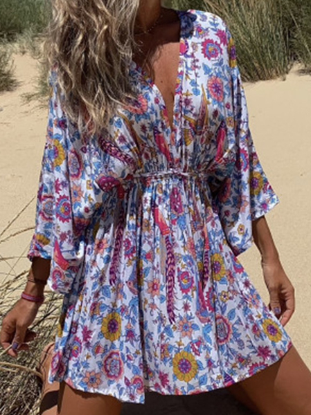 Loosen Vacation floral v neck Long Sleeve mini dress Woven Dress, Purple, Dresses