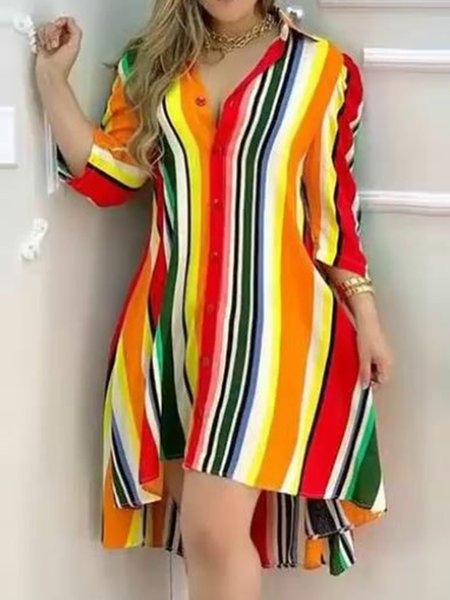 

Striped Vacation Shirt Collar Short Sleeve Woven Dress, Orange, Mini Dresses