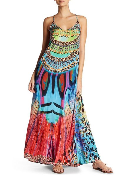 

Abstract Vacation V Neck Short Sleeve Woven Dress, Blue, Maxi Dresses