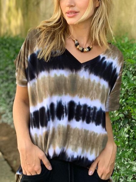 

V neck Ombre Casual Short Sleeve Tops, Multicolor, T-Shirts