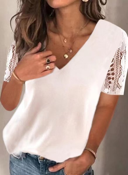 

Lace Stitching V Neck Basics Short Sleeve T-Shirt, White, Tees & T-shirts