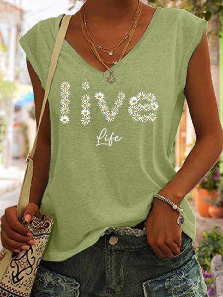 

Daisy Letter Print Casual Knit Tank, Green, Tank Tops