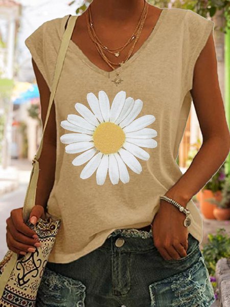 

Large Daisy Flower Casual Knit Tank, Khaki, Tank Tops