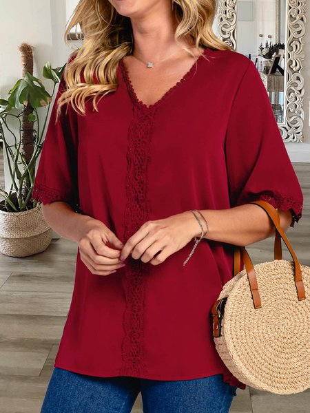 

Plain no pattern holiday loose lace Pullover T-shirt Plus Size, Red, Shirts & Blouses