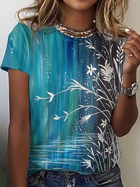 

Floral Striped Geometric Printed Loosen Casual Crew Neck Short Sleeve T-Shirt, Flower, T-Shirts
