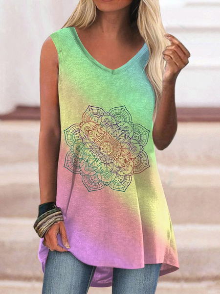 

Simple V Neck Ombre Short Sleeve Tops, Multicolor, Tanks & Camis