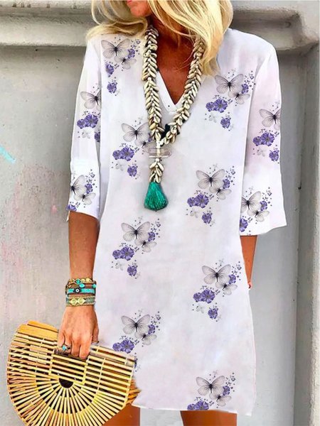 

Casual Butterfly V neck Long Sleeve Woven Dress, White, Mini Dresses