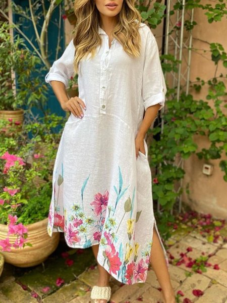 

Loosen Shirt Collar Three Quarter Printed Dress, Off white, Midi Dresses