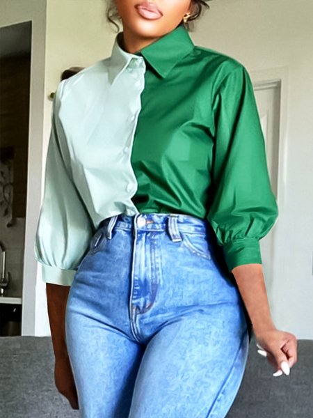 

Daily Regular Fit Color Block Mid Sleeve Blouse, Green, Blouses and Shirts