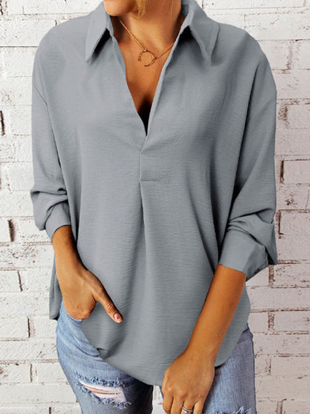 

Plain Loosen V Neck Long Sleeve Tops, Gray, Shirts & Blouses