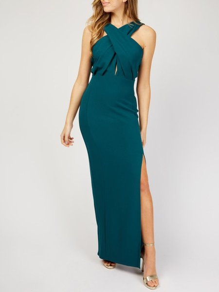 

Slim Fit Elegant Sleeveless Knitting Dress, Blue, Maxi Dresses