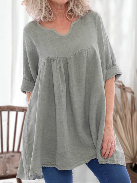 

Round Neck Plain Loosen Casual Cotton Blends Short Sleeve Tops, Lightgreen, Tunics