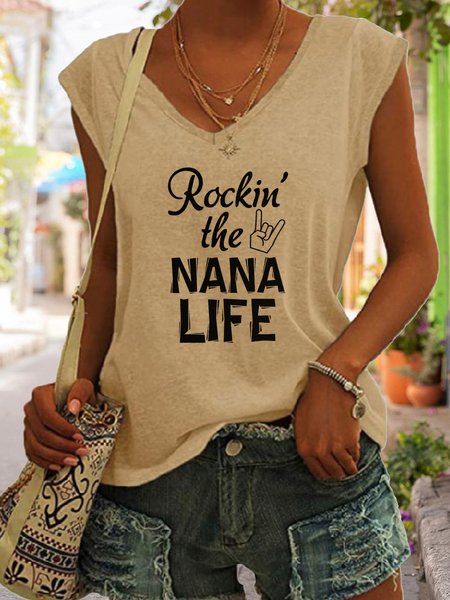 

Rockin The Nana Life V-neck Tank Top, Khaki, Tank Tops