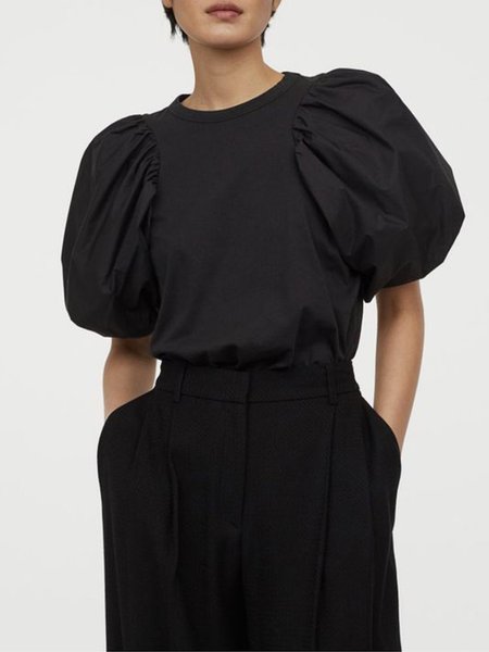 

Plain Elegant Puff Sleeve Short Sleeve Daily T-Shirt, Black, Tees