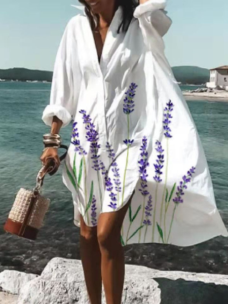 

Boho Long Sleeve Woven Dress, White, Floral Dresses