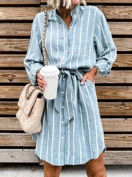 

Striped Long Sleeve Woven Dress, Blue, Mini Dresses