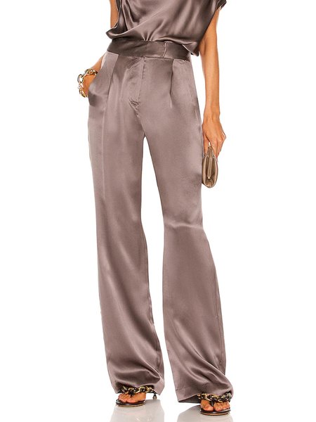 

Solid Elegant Regular Fit Pants, Cameo, Wide Leg Pants