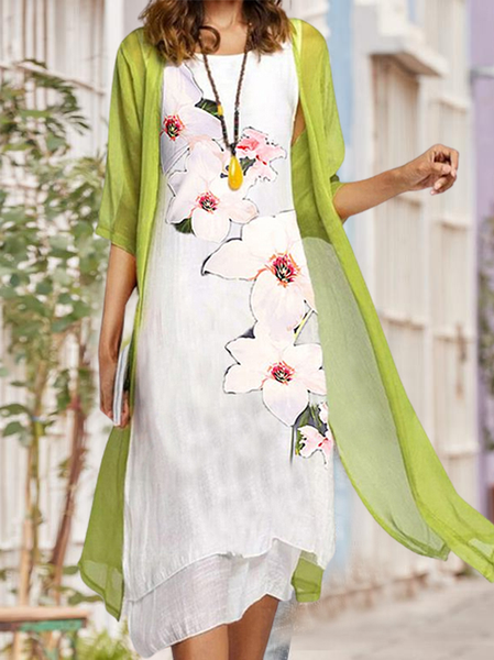 Casual Linen Floral Scoop Neckline Two Piece Sets, Green, Suit Set