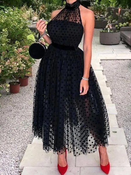 

Polka Dots Regular Fit Short Sleeve Woven Dress, Black, Maxi Dresses