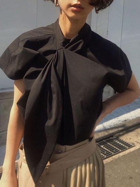

Casual Asymmetrical Neck Short Sleeve Tops, Black, Tops