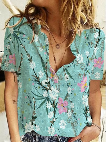 

Casual Floral Buttoned Shirt Collar Short Sleeve Blouse, Flower, Blouses & Shirts