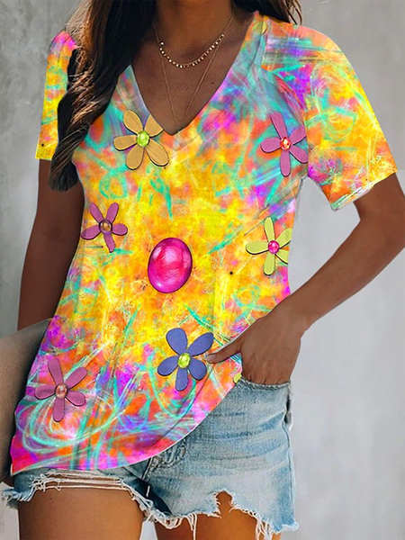 

Yellow Pink Tie-Dye Floral Raglan Sleeve Short Sleeve Casual T-Shirt, T-Shirts