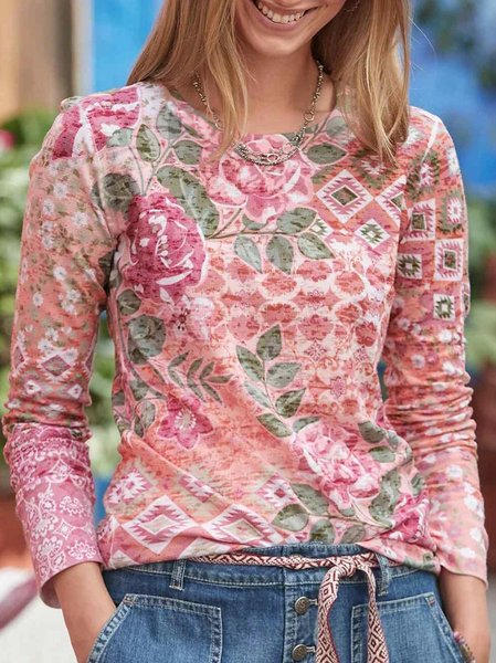 

Crew Neck Regular Fit Floral Long Sleeve Tops, Pink, Long sleeve tops