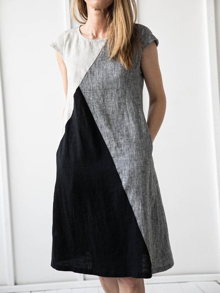 

Round Neck Color Block Regular Fit Casual Short Sleeve Woven Dress, Multicolor, Dresses